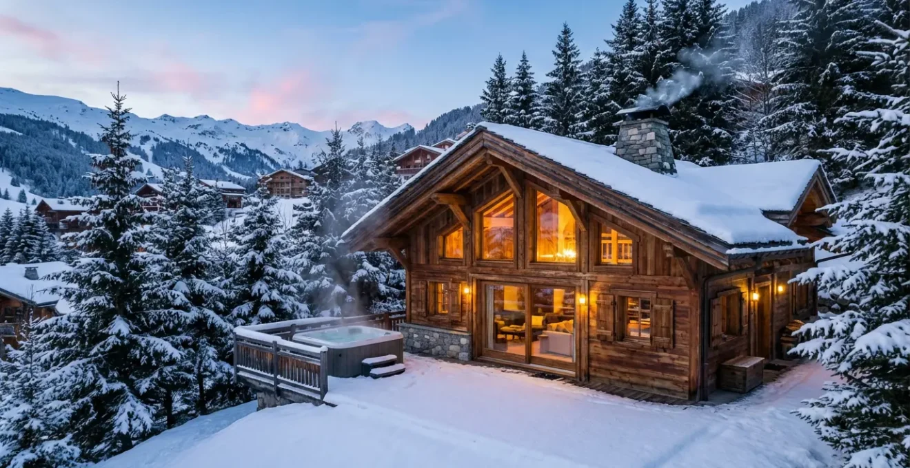 Chalet de prestige illuminé dans la neige à Courchevel avec montagnes en arrière-plan