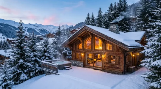 Chalet de prestige illuminé dans la neige à Courchevel avec montagnes en arrière-plan