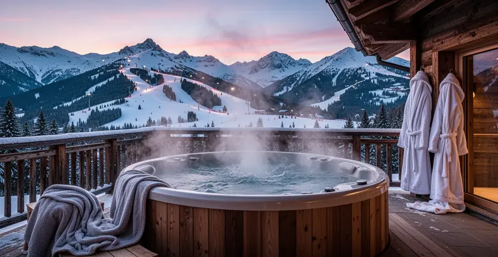 Jacuzzi extérieur fumant sur terrasse de chalet avec vue sur montagnes enneigées