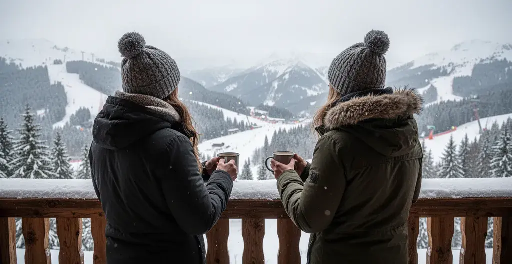 Couple de dos sur terrasse de chalet contemplant panorama montagneux enneigé